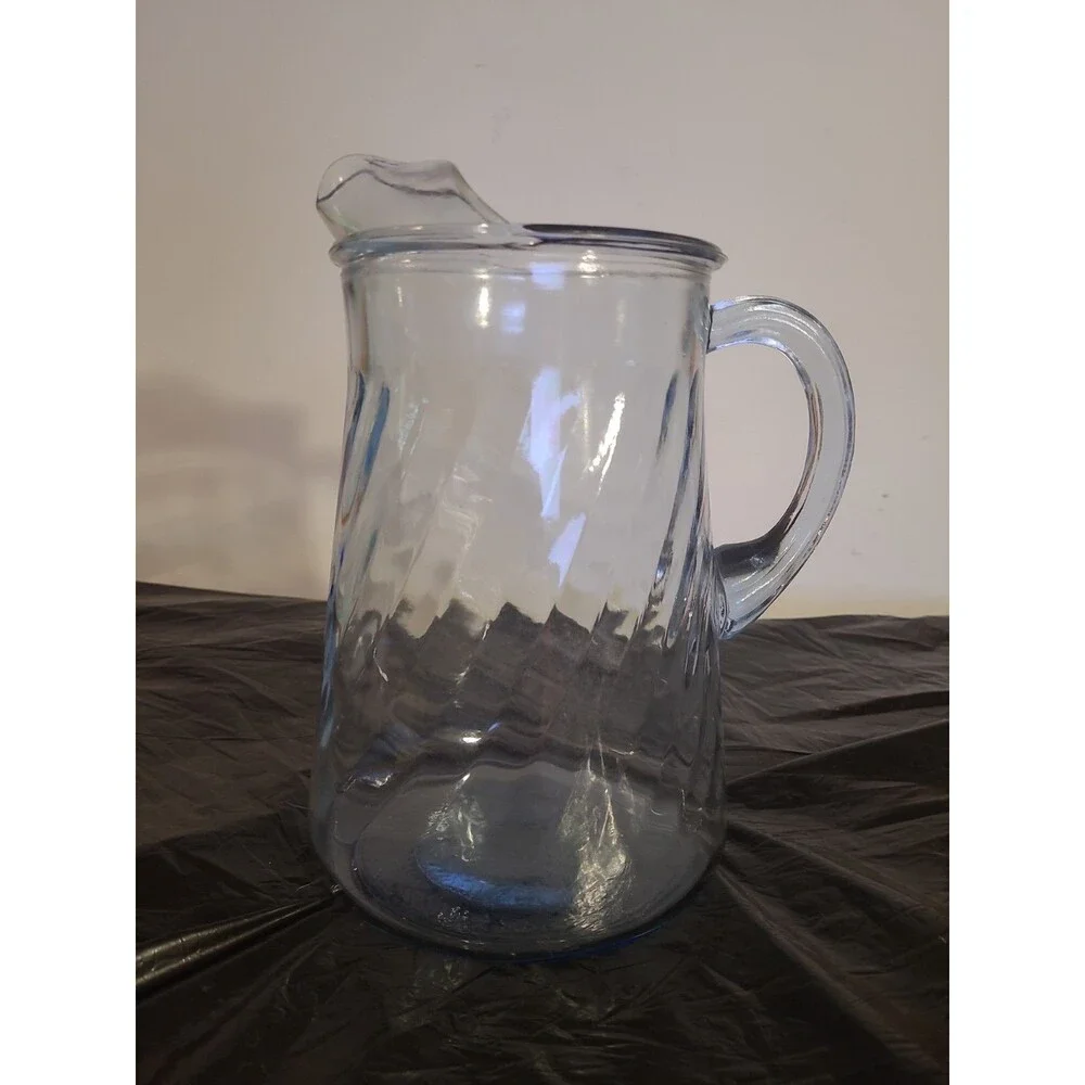 Vintage Indiana Blue Swirled Glass Water Pitcher with Ice Lip 9.25” H